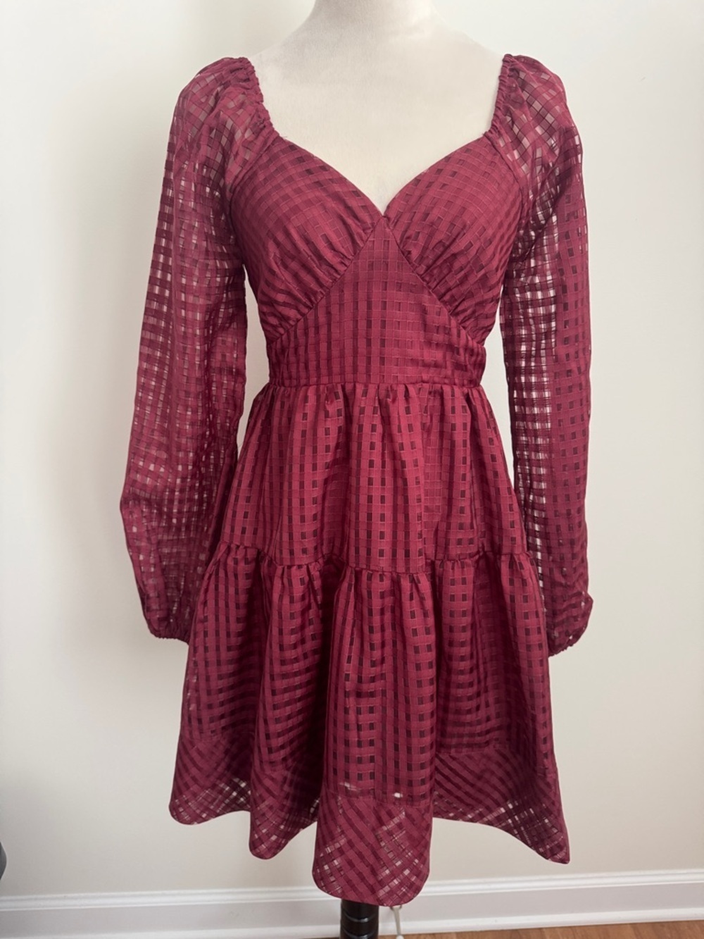 mittoshop Wine Red Long-Sleeve Tiered Midi Dress